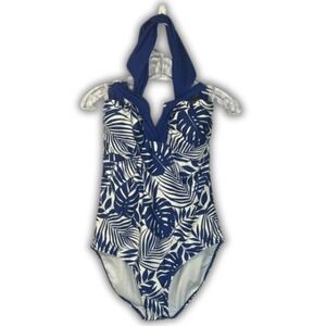 Jaclyn Smith‎ Women's Blue and White Halter One-piece Bathing Suit Sz 18 Floral